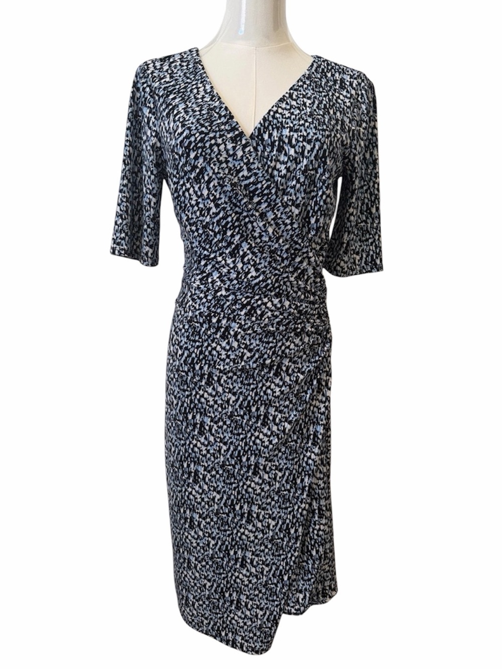 Ann Taylor Blue Black & White Printed Faux Wrap Dress Size S